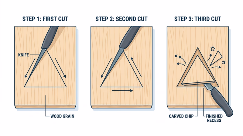 Three-step diagram showing the three angled cuts that release one clean triangular chip from a flat board