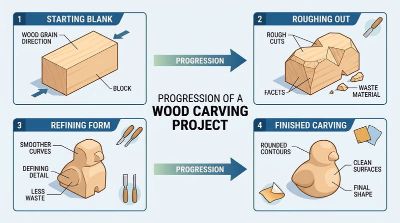 Four-stage sequence showing a simple neckerchief slide or small figure from rough block to finished rounded carving