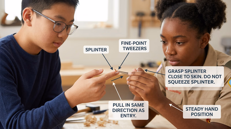 Close-up of correct splinter removal with clean tweezers pulling in the same direction as the splinter