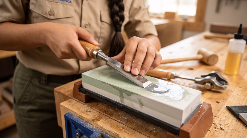Close-up of hands sharpening a woodworking chisel on a combination water stone at a workbench, with the chisel held at a consistent bevel angle, water glistening on the stone surface