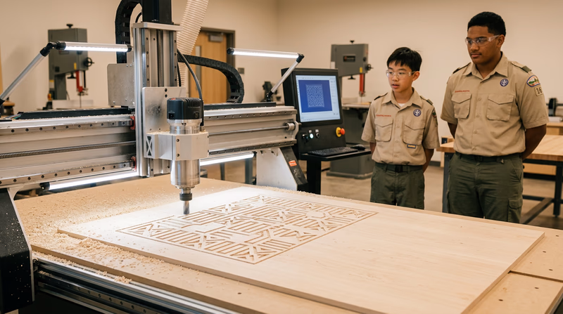 A CNC router machine cutting an intricate decorative pattern into a large flat piece of light-colored wood, with the cutting head in motion, wood chips collecting around the workpiece, in a modern workshop setting