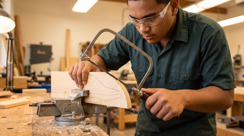 Close-up of hands using a coping saw to cut a curved line in a piece of light-colored wood clamped in a bench vise, with the thin blade following a pencil line, wood shavings below