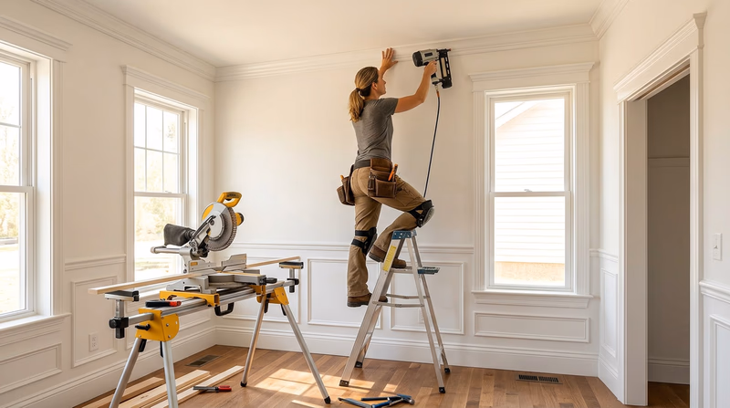 A finish carpenter carefully installing crown molding in a residential room, using a miter saw on a portable stand, with precise trim work already completed along the walls