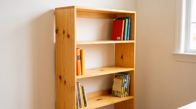 A completed handmade wooden bookshelf made of pine, sanded smooth with a clear finish, sitting against a wall with a few books on it, natural light from a nearby window highlighting the wood grain