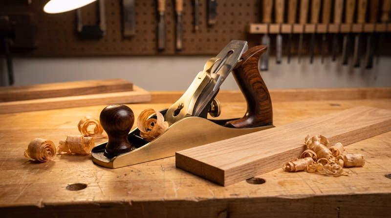 A brass and wood hand plane sitting on a wooden workbench surrounded by thin curled wood shavings, with warm workshop lighting and a partially planed board visible