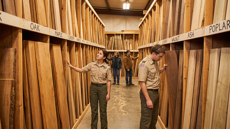 Interior of a hardwood lumber dealer with tall racks of various hardwood boards organized by species, with handwritten species labels on the rack dividers, warm overhead lighting