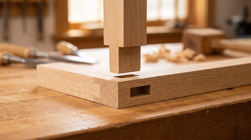 A beautifully fitted mortise and tenon joint in light oak, partially assembled to show the rectangular tenon projecting from one piece and the matching mortise in another, on a clean workbench