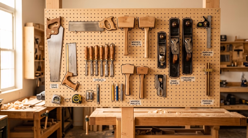 A neatly organized pegboard wall in a woodworking workshop with hand saws, chisels, mallets, planes, and squares hanging in labeled positions, well-lit with natural light