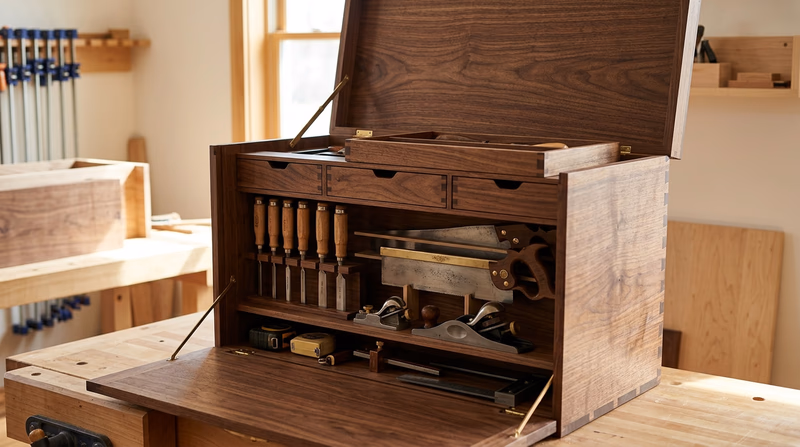 A traditional wooden tool chest with the lid open, revealing neatly organized hand tools — chisels in a rack, saws in dividers, planes on a shelf, and small tools in compartments, with warm ambient lighting