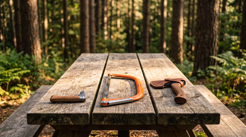 Three woods tools laid out neatly on a rustic wooden table outdoors: a folding pocketknife (closed), a bow saw, and a hatchet with a leather sheath, with pine trees in the soft background