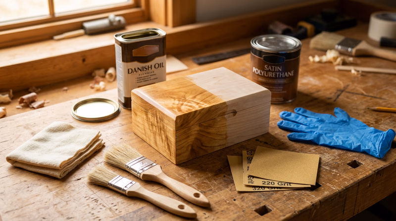 An assortment of wood finishing supplies arranged on a workbench: cans of Danish oil and polyurethane, natural bristle brushes, a folded tack cloth, sheets of fine sandpaper, and a half-finished wooden box showing the contrast between finished and unfinished wood