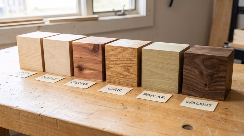 Six labeled blocks of different wood species arranged in a row on a workbench — showing distinct colors and grain patterns from light pine to dark walnut, each with a small handwritten label card