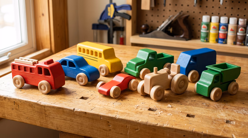 A collection of handmade wooden toy cars and trucks in various shapes, sanded smooth with rounded edges and finished with non-toxic paint in bright primary colors, arranged on a workbench