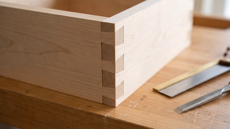 A close-up photograph of beautifully crafted dovetail joints in light-colored hardwood, showing the precise interlocking fingers of the joint
