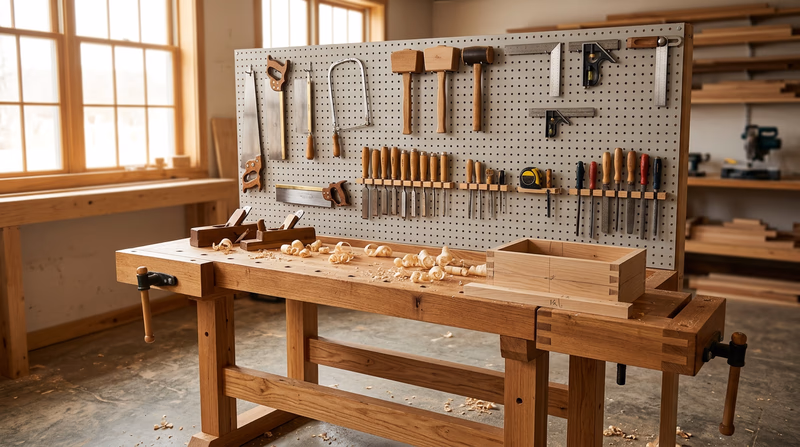 A well-organized woodworking workshop with hand tools hanging on a pegboard wall, a sturdy workbench with wood shavings, and natural light streaming in