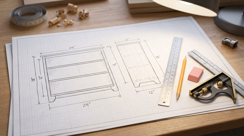 A neat set of hand-drawn woodworking project plans on graph paper spread out on a desk, with a ruler, pencil, and eraser nearby, showing front and side views of a small bookshelf with labeled dimensions